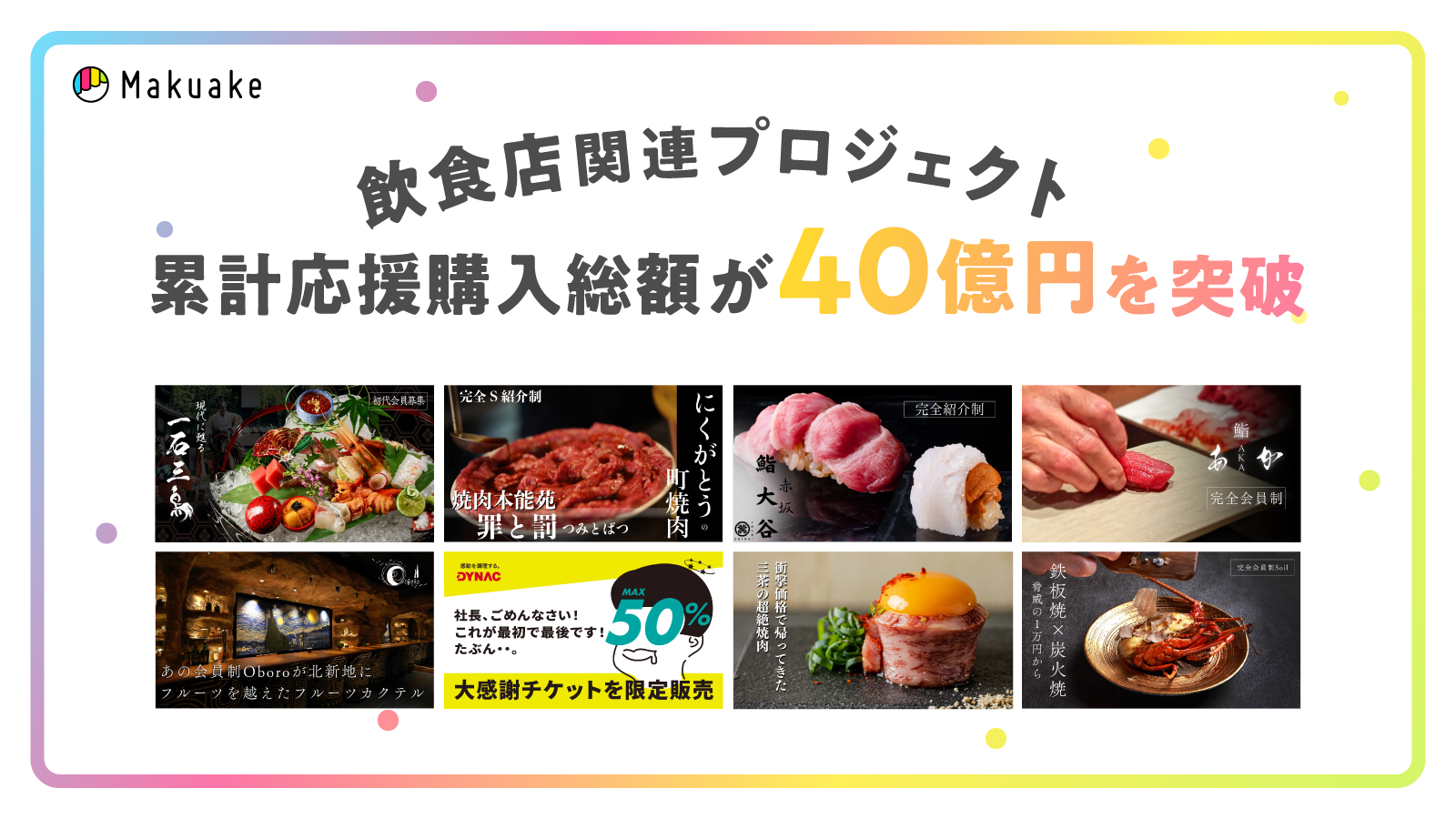 アタラシイものや体験の応援購入サービス「Makuake」にて飲食店のプロジェクトの累計応援購入総額が40億円を突破! 〜「会員制」が特に人気を集め、Afterコロナの2023年は2019年同期比3倍超に〜