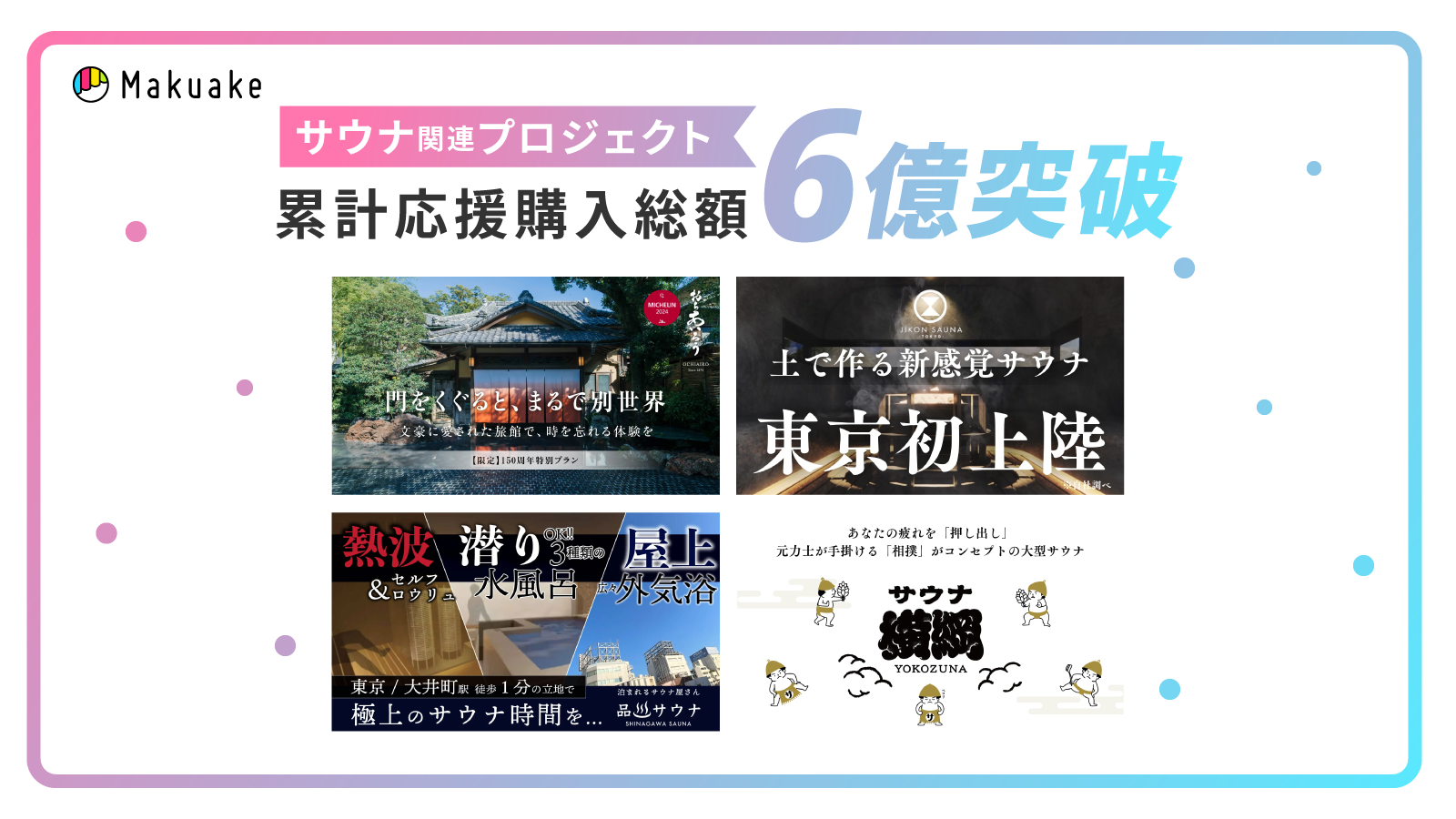 応援購入サービス「Makuake」のサウナ関連プロジェクトが累計応援購入総額6億円を突破 〜リニューアルや顧客の来店促進を目的とした既存施設の活用増加〜